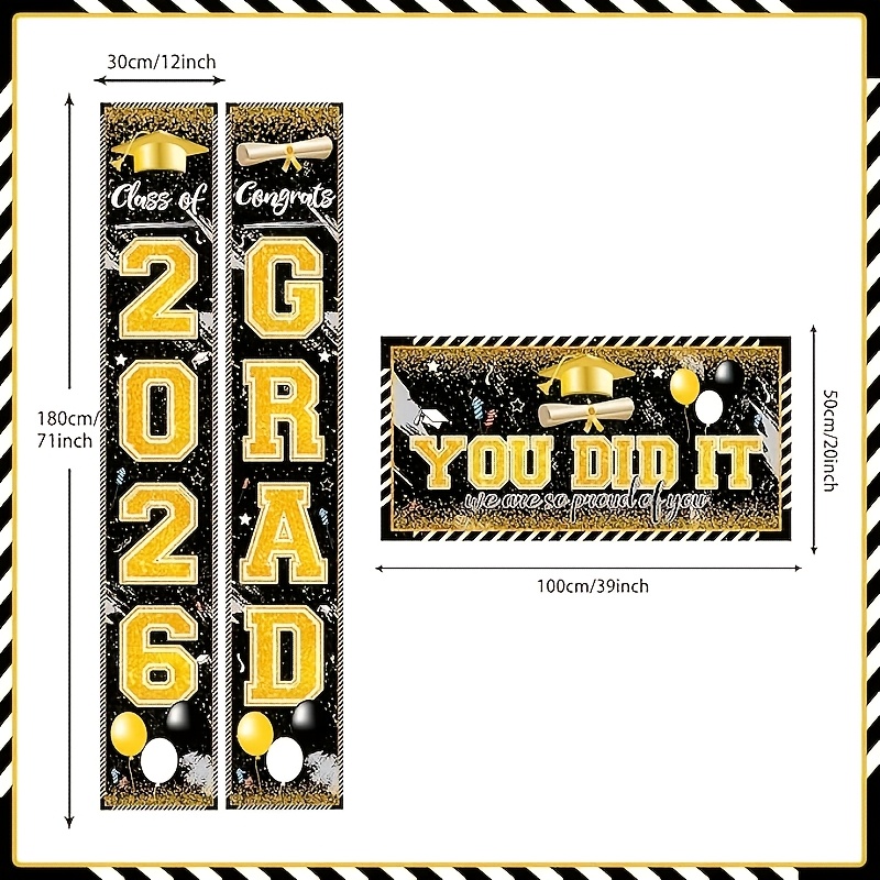 Party Banner Gold - 2D 3Pcs Spanduk Wisuda 2026, Hitam